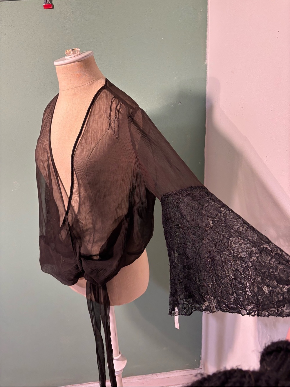 Vintage 1920’s Sheer Black Silk Tie-Front Women's Jacket Angel Sleeves - Picture 2 of 6